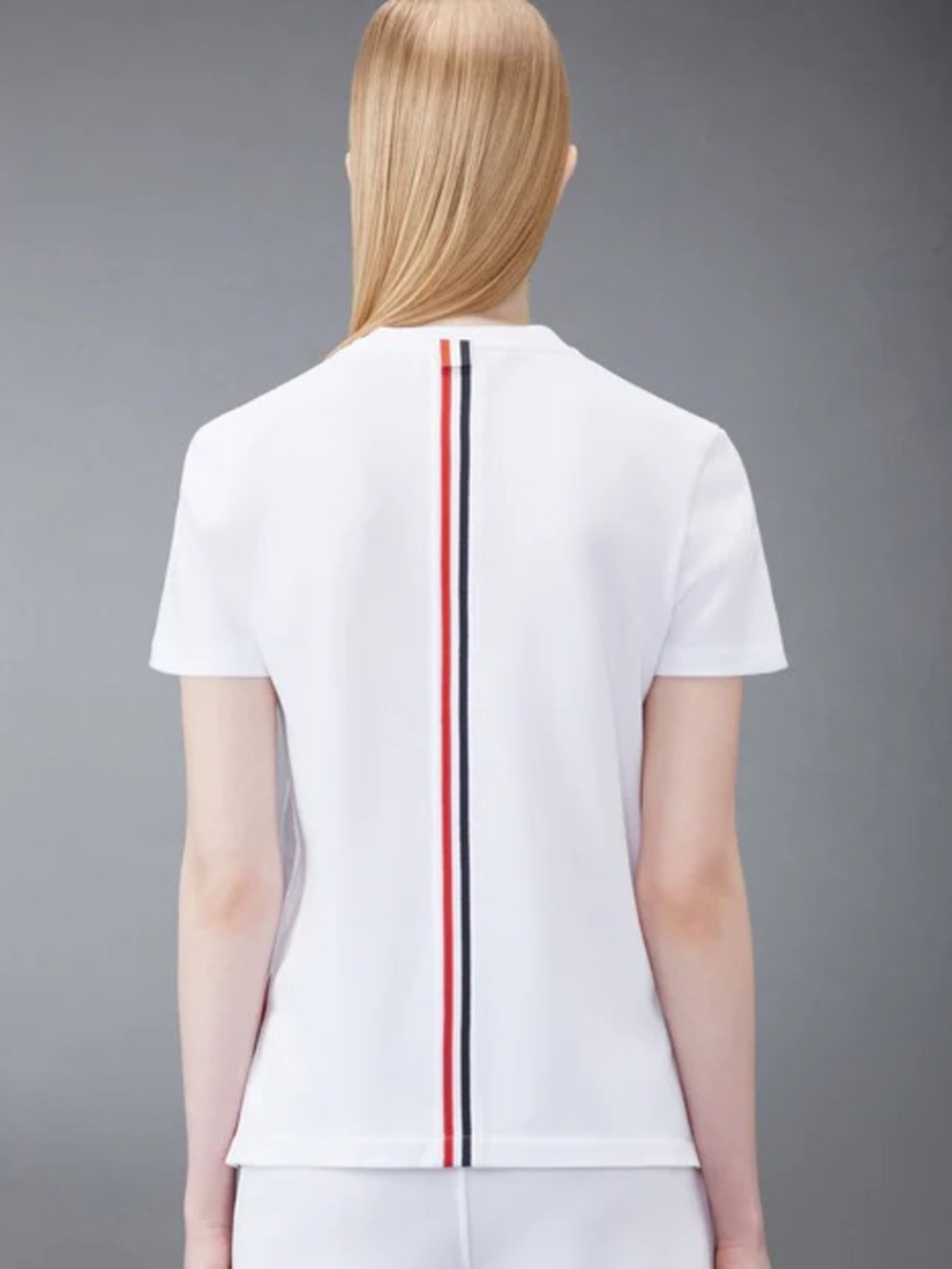 Thom Browne white pique woven cotton logo stripe trim shirt